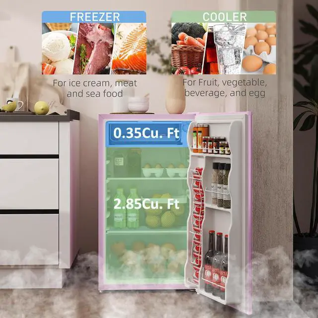Alt view image 3 of 7 - 3.2 Cu.Ft Mini Fridge with Freezer Single Reversible Door Pink | Compact Refrigerator, Adjustable Thermostat, Shelf, for Bedroom Dorm Home Office, Energy Efficient
