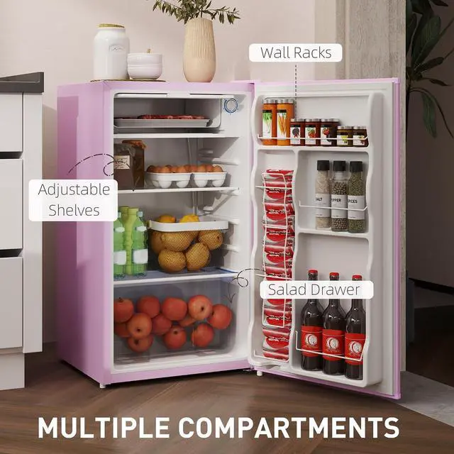 Alt view image 5 of 7 - 3.2 Cu.Ft Mini Fridge with Freezer Single Reversible Door Pink | Compact Refrigerator, Adjustable Thermostat, Shelf, for Bedroom Dorm Home Office, Energy Efficient