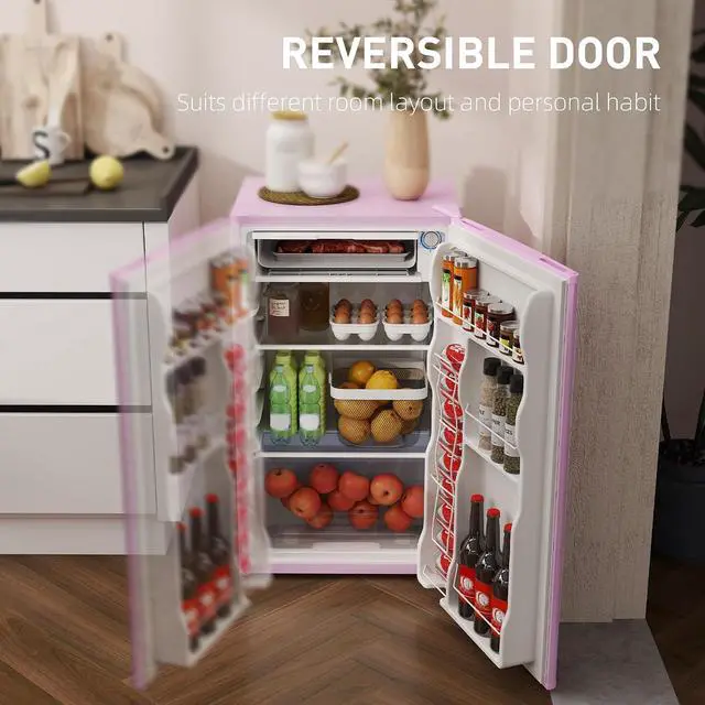 Alt view image 6 of 7 - 3.2 Cu.Ft Mini Fridge with Freezer Single Reversible Door Pink | Compact Refrigerator, Adjustable Thermostat, Shelf, for Bedroom Dorm Home Office, Energy Efficient