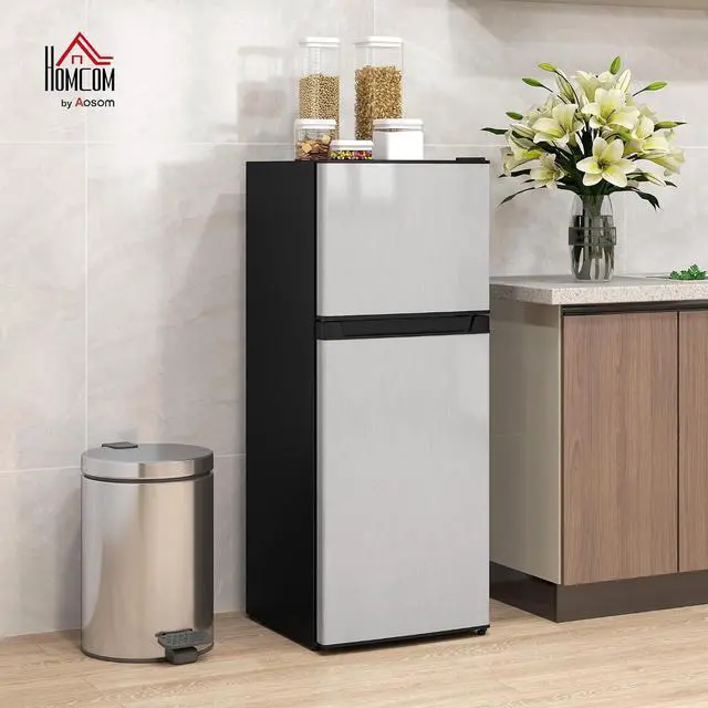 Alt view image 2 of 7 - 4 Cu.Ft Mini Fridge with Freezer Double Reversible Silver | Compact Refrigerator, Adjustable Thermostat, Shelf, for Bedroom Dorm Home Office, Energy Efficient