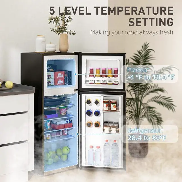 Alt view image 4 of 7 - 4 Cu.Ft Mini Fridge with Freezer Double Reversible Silver | Compact Refrigerator, Adjustable Thermostat, Shelf, for Bedroom Dorm Home Office, Energy Efficient