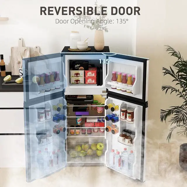 Alt view image 5 of 7 - 4 Cu.Ft Mini Fridge with Freezer Double Reversible Silver | Compact Refrigerator, Adjustable Thermostat, Shelf, for Bedroom Dorm Home Office, Energy Efficient