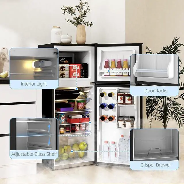Alt view image 6 of 7 - 4 Cu.Ft Mini Fridge with Freezer Double Reversible Silver | Compact Refrigerator, Adjustable Thermostat, Shelf, for Bedroom Dorm Home Office, Energy Efficient