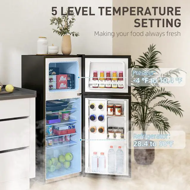 Alt view image 4 of 7 - 4 Cu.Ft Mini Fridge with Freezer Double Reversible Door Black | Compact Refrigerator, Adjustable Thermostat, Shelf, for Bedroom Dorm Home Office, Energy Efficient