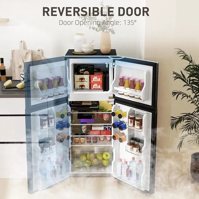 Alt view image 5 of 7 - 4 Cu.Ft Mini Fridge with Freezer Double Reversible Door Black | Compact Refrigerator, Adjustable Thermostat, Shelf, for Bedroom Dorm Home Office, Energy Efficient