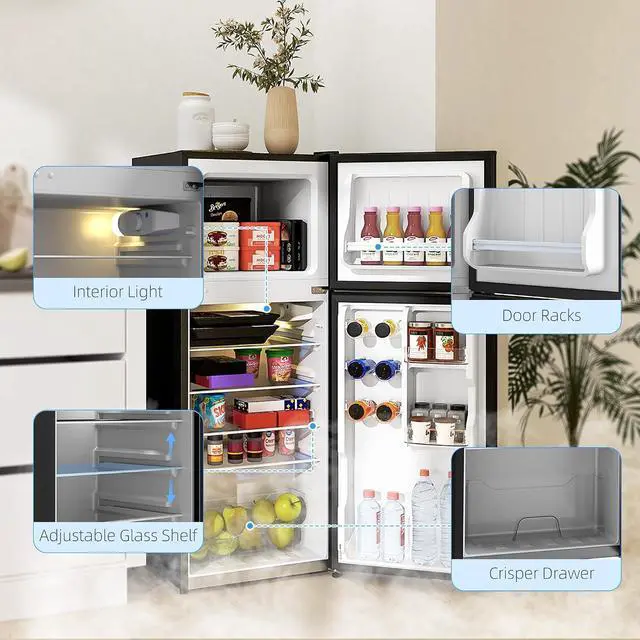Alt view image 6 of 7 - 4 Cu.Ft Mini Fridge with Freezer Double Reversible Door Black | Compact Refrigerator, Adjustable Thermostat, Shelf, for Bedroom Dorm Home Office, Energy Efficient