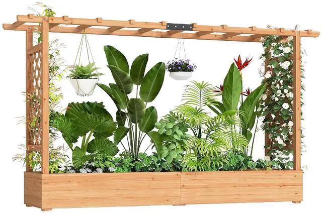 Main image of Raised Garden Bed with Trellis Planter Box 78.7"x17.3"x44.7" | Wooden, Drainage Holes, Hanging Roof, Outdoor Flowers Box, for Herbs, Vegetables, Climbing Plants