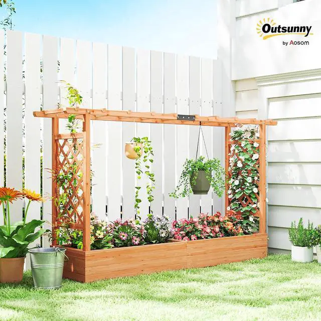 Alt view image 2 of 7 - Raised Garden Bed with Trellis Planter Box 78.7"x17.3"x44.7" | Wooden, Drainage Holes, Hanging Roof, Outdoor Flowers Box, for Herbs, Vegetables, Climbing Plants