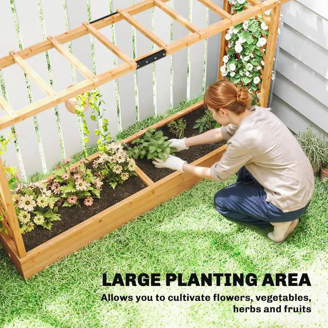 Alt view image 3 of 7 - Raised Garden Bed with Trellis Planter Box 78.7"x17.3"x44.7" | Wooden, Drainage Holes, Hanging Roof, Outdoor Flowers Box, for Herbs, Vegetables, Climbing Plants