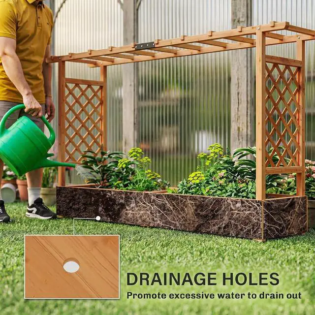 Alt view image 5 of 7 - Raised Garden Bed with Trellis Planter Box 78.7"x17.3"x44.7" | Wooden, Drainage Holes, Hanging Roof, Outdoor Flowers Box, for Herbs, Vegetables, Climbing Plants