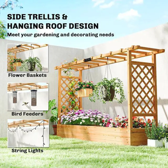Alt view image 4 of 7 - Raised Garden Bed with Trellis Planter Box 78.7"x17.3"x44.7" | Wooden, Drainage Holes, Hanging Roof, Outdoor Flowers Box, for Herbs, Vegetables, Climbing Plants