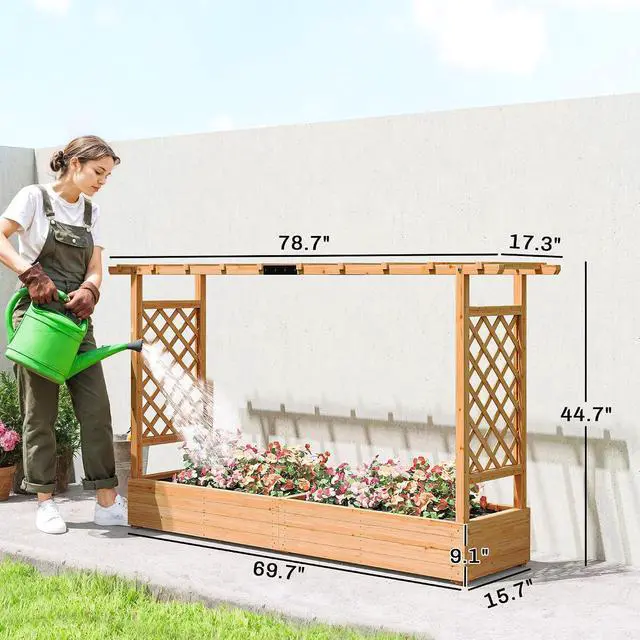 Alt view image 7 of 7 - Raised Garden Bed with Trellis Planter Box 78.7"x17.3"x44.7" | Wooden, Drainage Holes, Hanging Roof, Outdoor Flowers Box, for Herbs, Vegetables, Climbing Plants