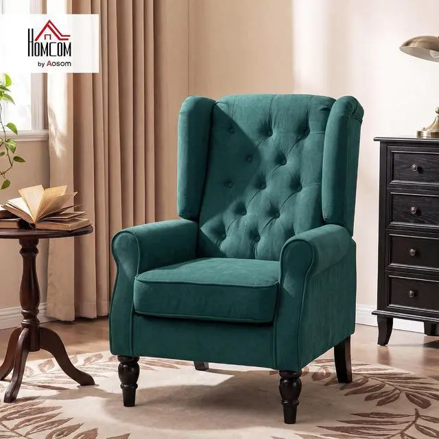 Alt view image 3 of 7 - Mid-Century Modern Accent Chair, High Wingback Armchair, Dark Green | Reading, Button-Tufted, Upholstered Fabric, Retro Wood Legs, Apartment, Living Room, Bedroom