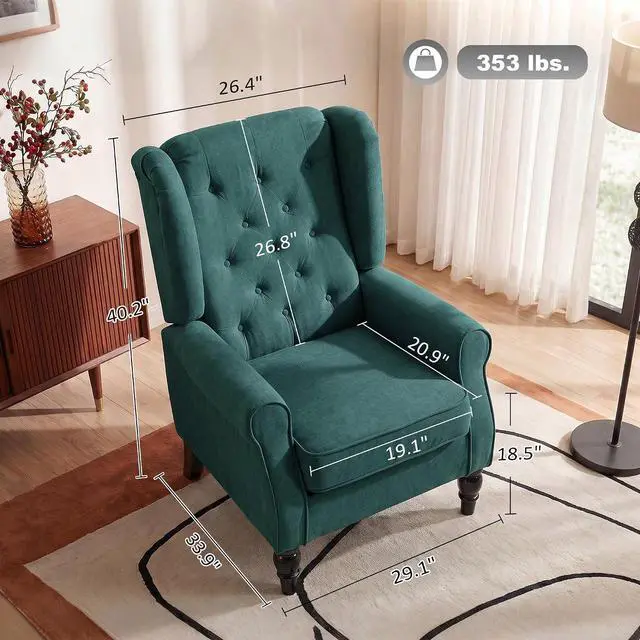 Alt view image 2 of 7 - Mid-Century Modern Accent Chair, High Wingback Armchair, Dark Green | Reading, Button-Tufted, Upholstered Fabric, Retro Wood Legs, Apartment, Living Room, Bedroom