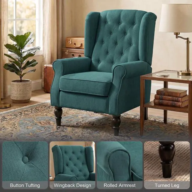 Alt view image 4 of 7 - Mid-Century Modern Accent Chair, High Wingback Armchair, Dark Green | Reading, Button-Tufted, Upholstered Fabric, Retro Wood Legs, Apartment, Living Room, Bedroom