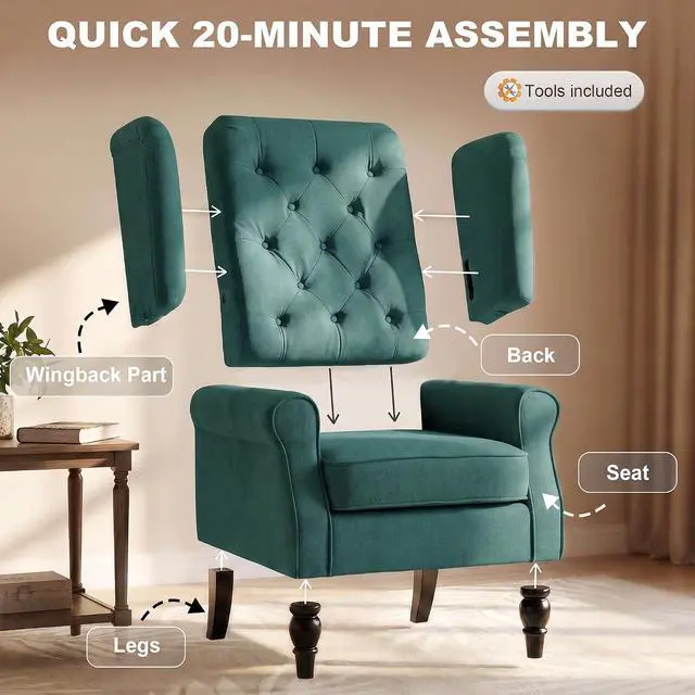 Alt view image 7 of 7 - Mid-Century Modern Accent Chair, High Wingback Armchair, Dark Green | Reading, Button-Tufted, Upholstered Fabric, Retro Wood Legs, Apartment, Living Room, Bedroom