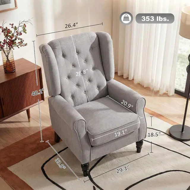Alt view image 2 of 7 - Mid-Century Modern Accent Chair, High Wingback Armchair, Gray | Reading, Button-Tufted, Upholstered Fabric, Retro Wood Legs, Apartment, Living Room, Bedroom