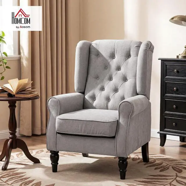 Alt view image 3 of 7 - Mid-Century Modern Accent Chair, High Wingback Armchair, Gray | Reading, Button-Tufted, Upholstered Fabric, Retro Wood Legs, Apartment, Living Room, Bedroom