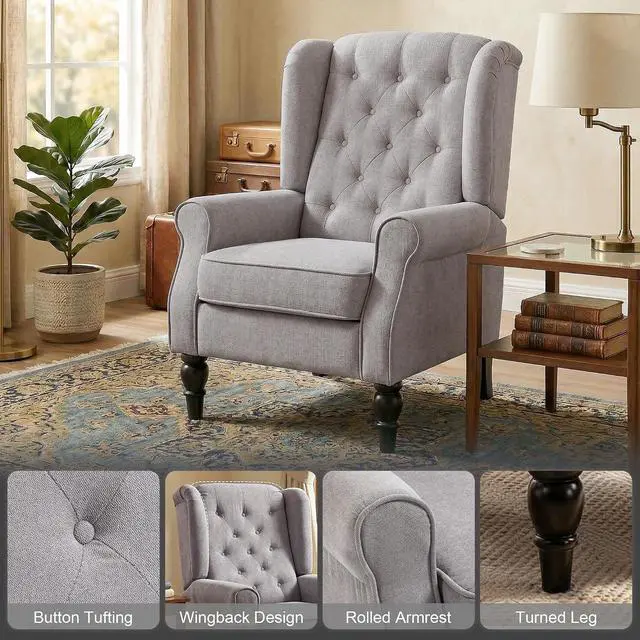Alt view image 4 of 7 - Mid-Century Modern Accent Chair, High Wingback Armchair, Gray | Reading, Button-Tufted, Upholstered Fabric, Retro Wood Legs, Apartment, Living Room, Bedroom