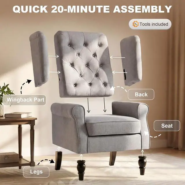 Alt view image 7 of 7 - Mid-Century Modern Accent Chair, High Wingback Armchair, Gray | Reading, Button-Tufted, Upholstered Fabric, Retro Wood Legs, Apartment, Living Room, Bedroom