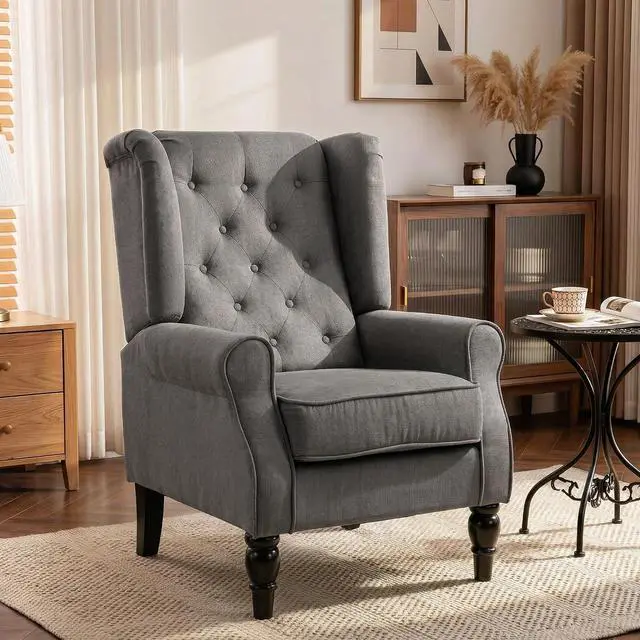 Main image of Mid-Century Modern Accent Chair, High Wingback Armchair, Dark Gray | Reading, Button-Tufted, Upholstered Fabric, Retro Wood Legs, Apartment, Living Room, Bedroom