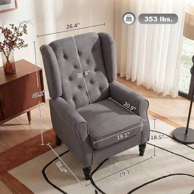 Alt view image 2 of 7 - Mid-Century Modern Accent Chair, High Wingback Armchair, Dark Gray | Reading, Button-Tufted, Upholstered Fabric, Retro Wood Legs, Apartment, Living Room, Bedroom