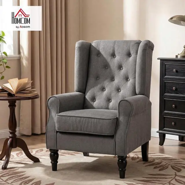 Alt view image 3 of 7 - Mid-Century Modern Accent Chair, High Wingback Armchair, Dark Gray | Reading, Button-Tufted, Upholstered Fabric, Retro Wood Legs, Apartment, Living Room, Bedroom