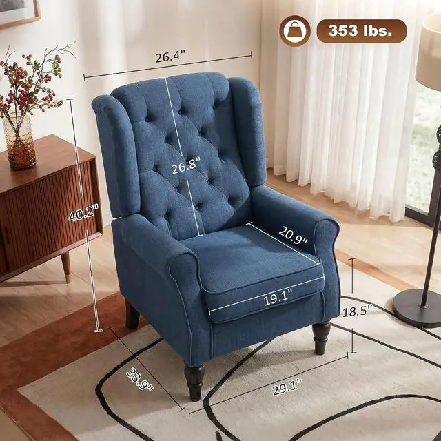 Alt view image 2 of 7 - Mid-Century Modern Accent Chair, High Wingback Reading Chair, Blue | Button-Tufted, Upholstered Fabric, Retro Wood Legs, Apartment, Living Room, Bedroom