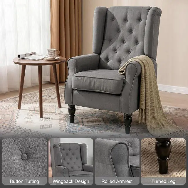 Alt view image 4 of 7 - Mid-Century Modern Accent Chair, High Wingback Armchair, Dark Gray | Reading, Button-Tufted, Upholstered Fabric, Retro Wood Legs, Apartment, Living Room, Bedroom