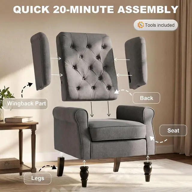 Alt view image 7 of 7 - Mid-Century Modern Accent Chair, High Wingback Armchair, Dark Gray | Reading, Button-Tufted, Upholstered Fabric, Retro Wood Legs, Apartment, Living Room, Bedroom
