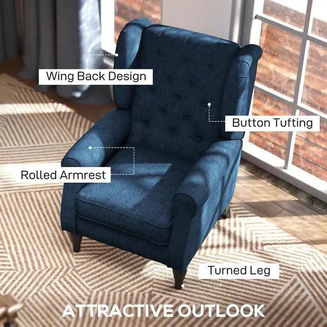 Alt view image 4 of 7 - Mid-Century Modern Accent Chair, High Wingback Reading Chair, Blue | Button-Tufted, Upholstered Fabric, Retro Wood Legs, Apartment, Living Room, Bedroom