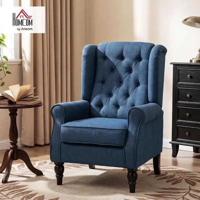 Alt view image 3 of 7 - Mid-Century Modern Accent Chair, High Wingback Reading Chair, Blue | Button-Tufted, Upholstered Fabric, Retro Wood Legs, Apartment, Living Room, Bedroom