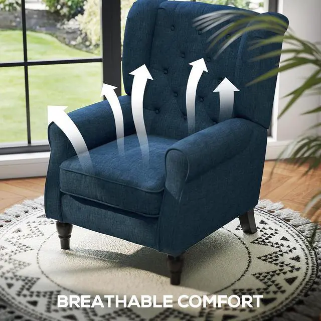 Alt view image 6 of 7 - Mid-Century Modern Accent Chair, High Wingback Reading Chair, Blue | Button-Tufted, Upholstered Fabric, Retro Wood Legs, Apartment, Living Room, Bedroom