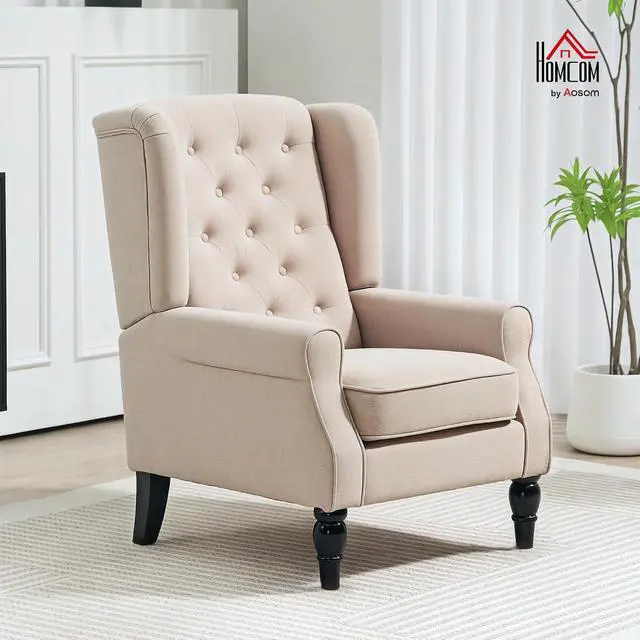 Alt view image 3 of 7 - Mid-Century Modern Accent Chair, High Wingback Armchair,Beige | Reading, Button-Tufted, Upholstered Fabric, Retro Wood Legs, Apartment, Living Room, Bedroom