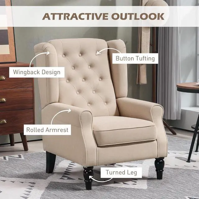 Alt view image 4 of 7 - Mid-Century Modern Accent Chair, High Wingback Armchair,Beige | Reading, Button-Tufted, Upholstered Fabric, Retro Wood Legs, Apartment, Living Room, Bedroom