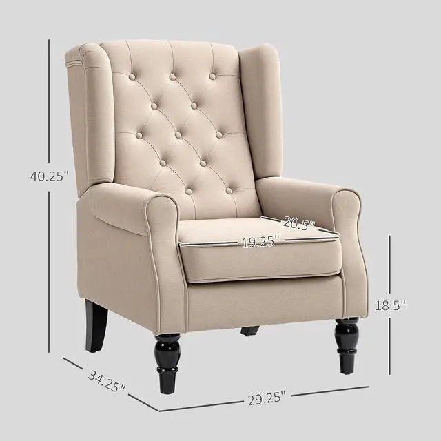 Alt view image 2 of 7 - Mid-Century Modern Accent Chair, High Wingback Armchair,Beige | Reading, Button-Tufted, Upholstered Fabric, Retro Wood Legs, Apartment, Living Room, Bedroom