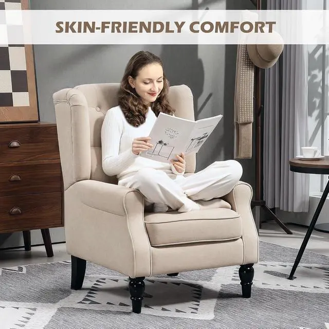 Alt view image 6 of 7 - Mid-Century Modern Accent Chair, High Wingback Armchair,Beige | Reading, Button-Tufted, Upholstered Fabric, Retro Wood Legs, Apartment, Living Room, Bedroom