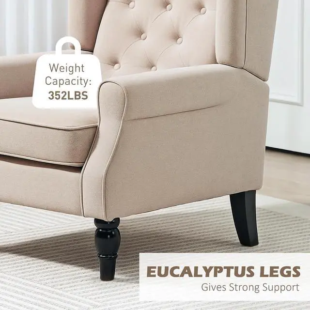 Alt view image 7 of 7 - Mid-Century Modern Accent Chair, High Wingback Armchair,Beige | Reading, Button-Tufted, Upholstered Fabric, Retro Wood Legs, Apartment, Living Room, Bedroom