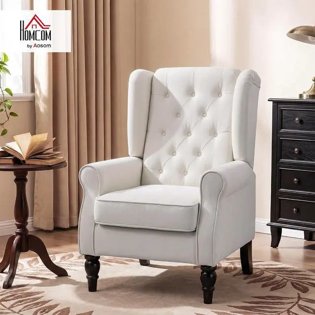 Alt view image 3 of 7 - Mid-Century Modern Accent Chair, High Wingback Armchair, Cream White | Reading, Button-Tufted, Upholstered Fabric, Retro Wood Legs, Apartment, Living Room, Bedroom