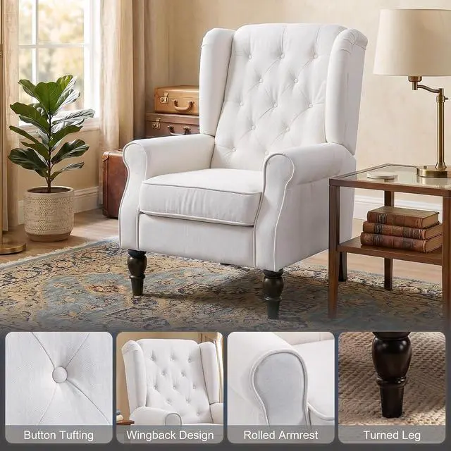 Alt view image 4 of 7 - Mid-Century Modern Accent Chair, High Wingback Armchair, Cream White | Reading, Button-Tufted, Upholstered Fabric, Retro Wood Legs, Apartment, Living Room, Bedroom