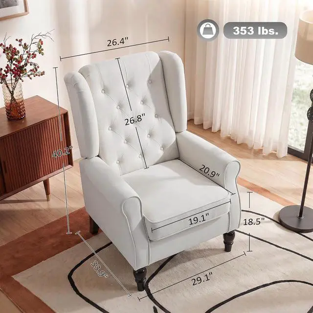 Alt view image 2 of 7 - Mid-Century Modern Accent Chair, High Wingback Armchair, Cream White | Reading, Button-Tufted, Upholstered Fabric, Retro Wood Legs, Apartment, Living Room, Bedroom