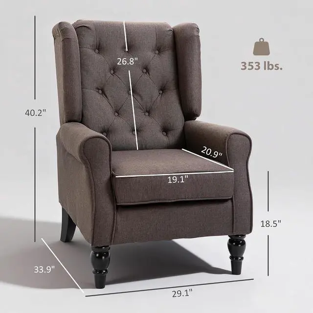 Alt view image 2 of 7 - Mid-Century Modern Accent Chair, High Wingback Armchair, Dark Brown | Reading, Button-Tufted, Upholstered Fabric, Retro Wood Legs, Apartment, Living Room, Bedroom