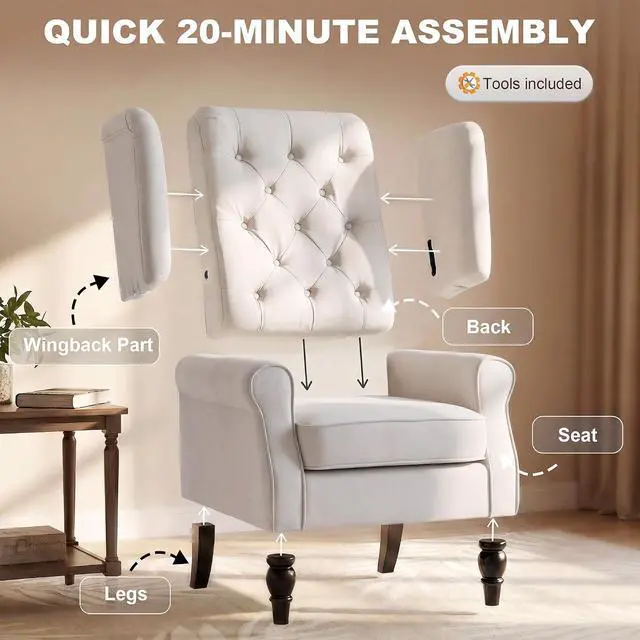 Alt view image 7 of 7 - Mid-Century Modern Accent Chair, High Wingback Armchair, Cream White | Reading, Button-Tufted, Upholstered Fabric, Retro Wood Legs, Apartment, Living Room, Bedroom