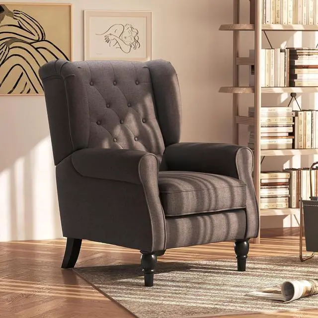 Main image of Mid-Century Modern Accent Chair, High Wingback Armchair, Dark Brown | Reading, Button-Tufted, Upholstered Fabric, Retro Wood Legs, Apartment, Living Room, Bedroom