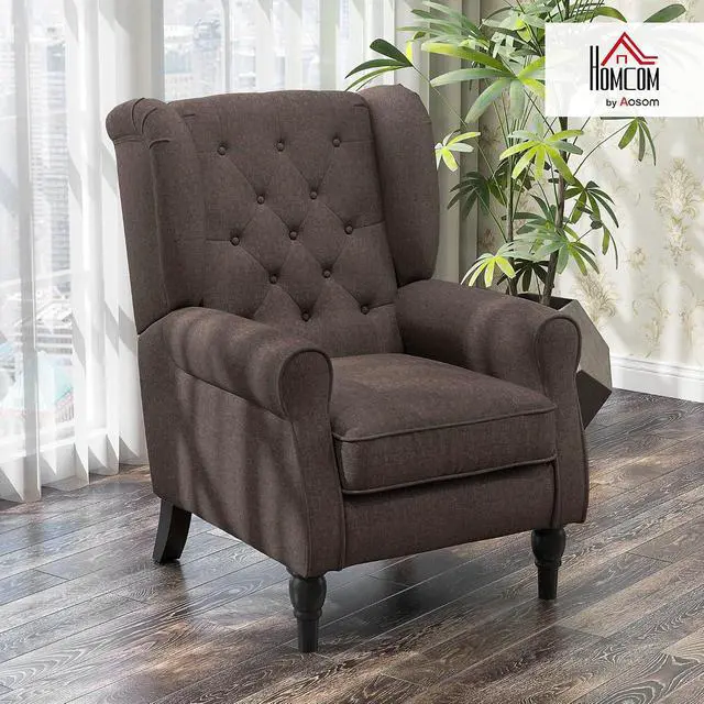 Alt view image 3 of 7 - Mid-Century Modern Accent Chair, High Wingback Armchair, Dark Brown | Reading, Button-Tufted, Upholstered Fabric, Retro Wood Legs, Apartment, Living Room, Bedroom
