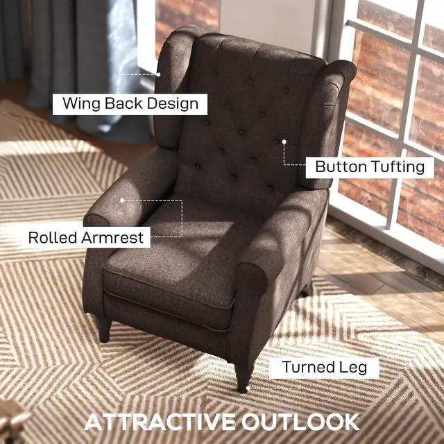 Alt view image 4 of 7 - Mid-Century Modern Accent Chair, High Wingback Armchair, Dark Brown | Reading, Button-Tufted, Upholstered Fabric, Retro Wood Legs, Apartment, Living Room, Bedroom