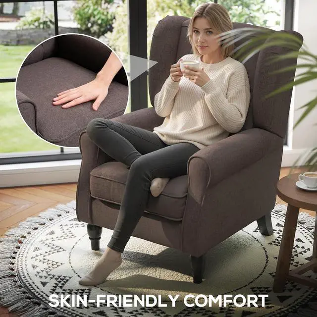 Alt view image 6 of 7 - Mid-Century Modern Accent Chair, High Wingback Armchair, Dark Brown | Reading, Button-Tufted, Upholstered Fabric, Retro Wood Legs, Apartment, Living Room, Bedroom
