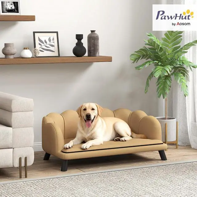 Alt view image 2 of 7 - PawHut Velvet Large Dog Couch with Foam Cushion, Soft and Cute Dog Bed with Pearl Design, Pet Sofa for Big and Medium Breeds, Coffee | Soft and Cute Puppy Sofa Bed, Pearl Design