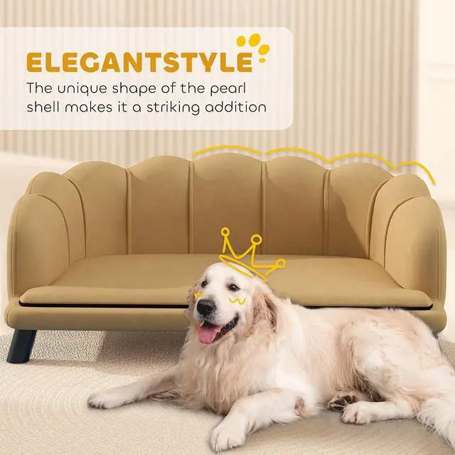 Alt view image 4 of 7 - PawHut Velvet Large Dog Couch with Foam Cushion, Soft and Cute Dog Bed with Pearl Design, Pet Sofa for Big and Medium Breeds, Coffee | Soft and Cute Puppy Sofa Bed, Pearl Design