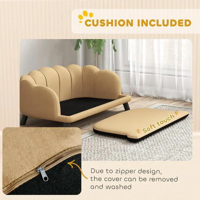 Alt view image 6 of 7 - PawHut Velvet Large Dog Couch with Foam Cushion, Soft and Cute Dog Bed with Pearl Design, Pet Sofa for Big and Medium Breeds, Coffee | Soft and Cute Puppy Sofa Bed, Pearl Design
